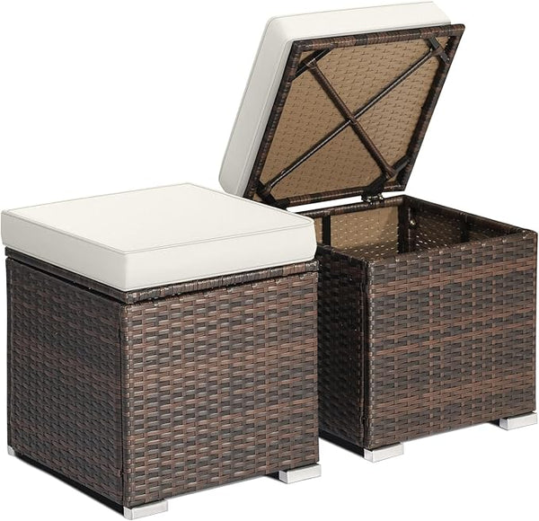 RELAX4LIFE Wicker Outdoor Storage Ottoman, 2-Piece Rattan Footstool w/Removable Cushion - Photo 1