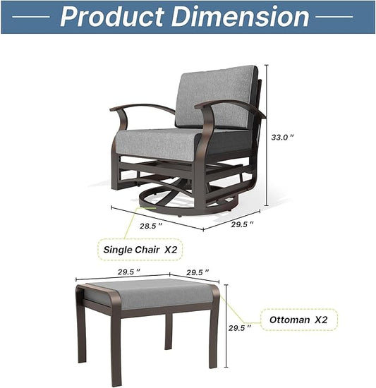 Gotland 4 Piece Patio Set, Metal Outdoor Swivel Chairs Set of 2 with 2 Ottoman 5.1’’ High-Resilience Seat Cushions Removable Cushions, Aluminum Patio Furniture Set for Lawn, Porch, Balcony, Grey