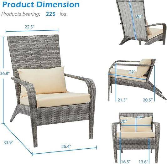 AECOJOY 2 Pieces Outdoor Wicker Patio Chairs, Outdoor Dining Adirondack Rattan Chair with Cushion and Pillow, All Weather High Back Rattan Wicker Patio Dining Chairs for Garden,Backyard,Porch,Grey