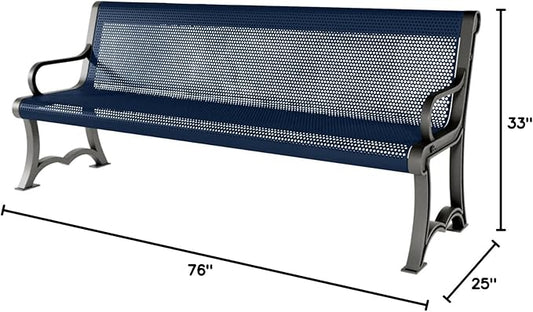 COATEDOUTDOORFURNITURE Heavy-Duty Outdoor Bench Thermoplastic Coated, Punched Steel, Commercial-Grade Garden Bench, Made in America (Portable with Back, 6 Ft, Textured Dark Blue)