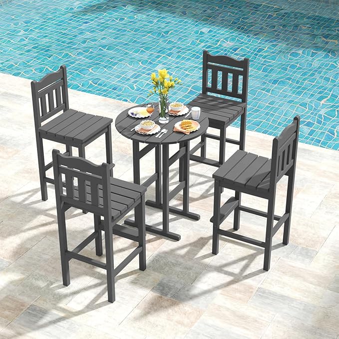 Sundale Outdoor Tall Adirondack Bar Chair Set of 2, HDPE Patio Bar Stools with Backrest, 27.5 Inch Seat Height Tall Bistro Dining Counter Stool, All-Weather Pub Height Chair, Gray