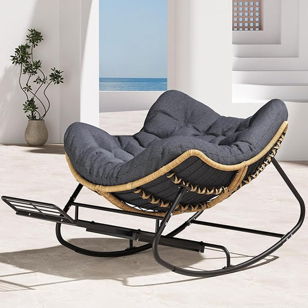 SWITTE Papasan Rocking Chair with Adjustable Footrest, Oversized Wicker Zero-Gravity Outdoor Rocker with Cushion - Photo 1