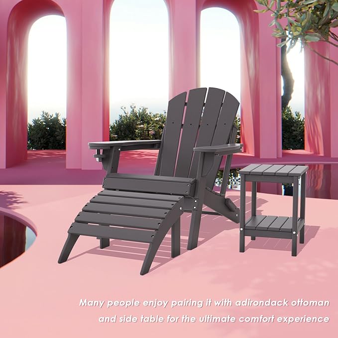 IVY&LANE Folding-Adirondack-Chairs-Set-of-2 | HDPE Plastic | Outdoor Fire Pit Chair with Cup Holder | Grey | Poly | Weather Resistant | for Patio Deck Poolside Garden Beach