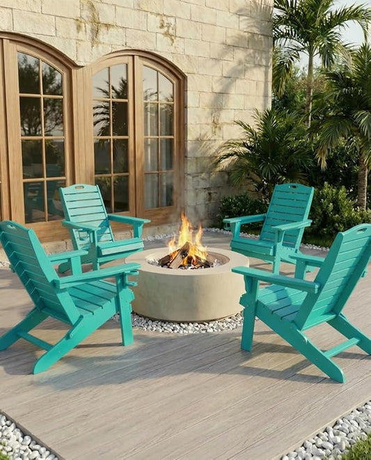 Folding Adirondack Chair with Retractable Ottoman, Weather Resistant Fire Pit Chair Patio Chair with 2 Cup Holder Lawn Outdoor Lounge Chair (Lake Blue)