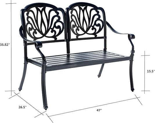 Hi-Line Gift Ltd. Midnight Oasis- Black Cast Aluminium Garden Bench with Easy Assembly