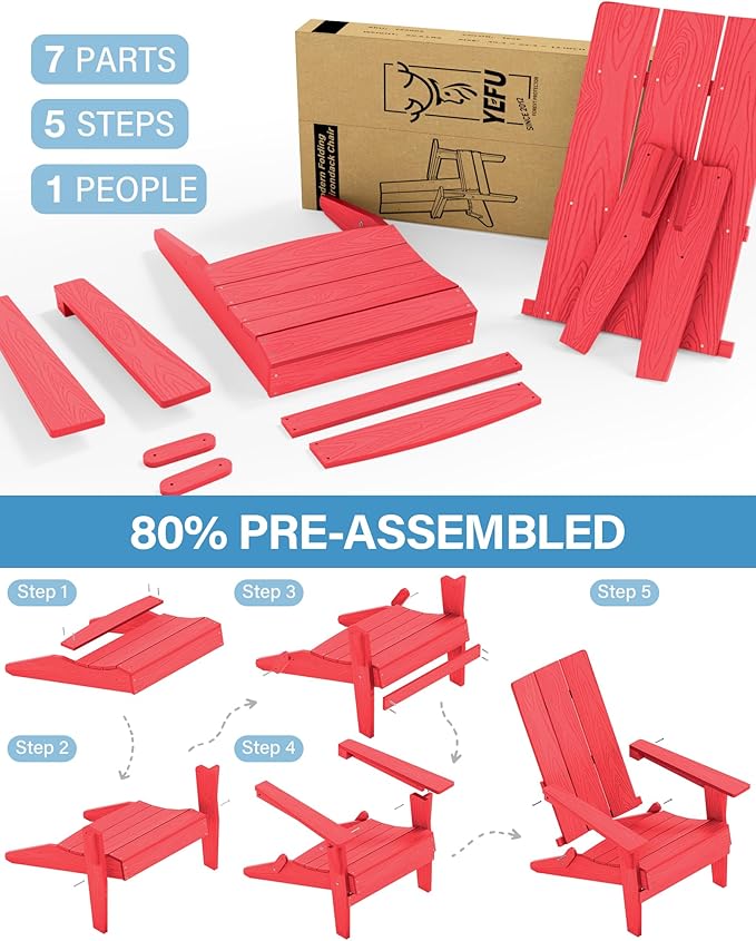 YEFU Adirondack Chairs Oversize Folding :400lb Weight Capacity - Plastic Adirondack Chairs - High Back Modern Like Wooden - All-Weather Use for Outdoor/Patio/Fire Pit/Garden/Camping - (Red)
