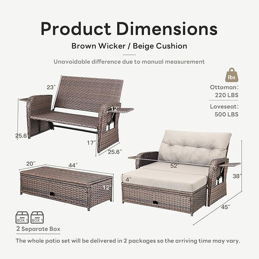 Belord Oversize Outdoor Daybed Set - Patio Recliner Loveseat with Storage Ottoman, Wicker Double Lounge Chair wth 5 Level Adjustable Backrest and 2 Retractable Table
