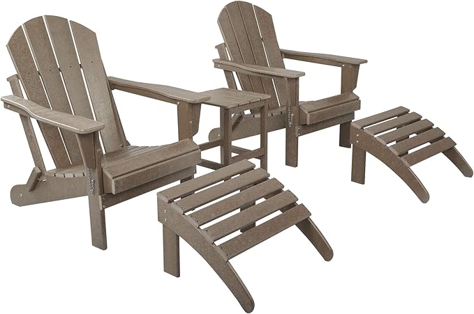WestinTrends Malibu Outdoor Lounge Chairs Set, 5-Pieces Adirondack Chair Set of 2 with Ottoman and Side Table, All Weather Poly Lumber Patio Lawn Folding Chair for Outside, Weathered Wood