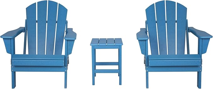 WestinTrends Malibu 3-Pieces Adirondack Chairs Set with Side Table, All Weather Outdoor Seating Plastic Patio Lawn Chair Folding for Outside Porch Deck Backyard, Pacific Blue