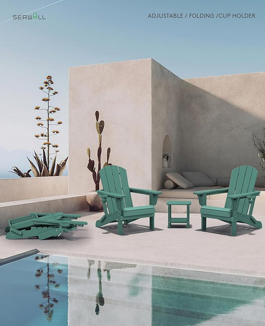 SERWALL Folding Adirondack Chair Set of 4, Adjustable Adirondack Chair with 3 Recline Positions, All Weather HDPE Outdoor Adirondack with Cup Holders, Light Green