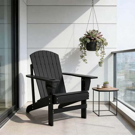 Folding Adirondack Chair, Weather Resistant Outdoor Patio Chair with Cup Holder for Lawn, Backyard, Poolside(Black)