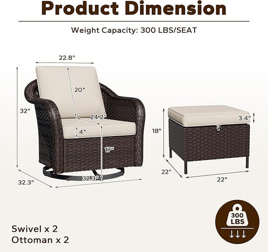 4 Piece Patio Wicker Conversation Set, 2 All-Weather Use Outdoor Wicker Swivel Chairs with 2 PE Rattan Ottomans,Ideal for Porch, Backyard, Balcony, Poolside, Beige