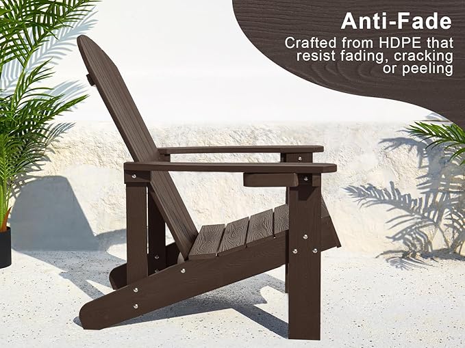 Y&M Adirondack Chair Set of 2, Dark Brown Fire Pit Chairs, Outdoor Patio Chairs with Cup Holder, Weather Resistant HDPE Wooden Textured Patio Chairs, Perfect for Garden, Lawn, Deck, or Poolside