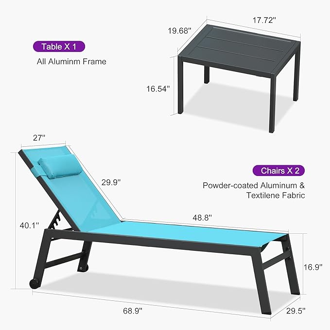 PURPLE LEAF Outdoor Oversized Lounge Chair Set Patio Chaise Pool Lounger Aluminum Frame with 2 Side Table and Wheels for Outside Sunbathing Tanning Recliner Including Pillows Turquoise Blue