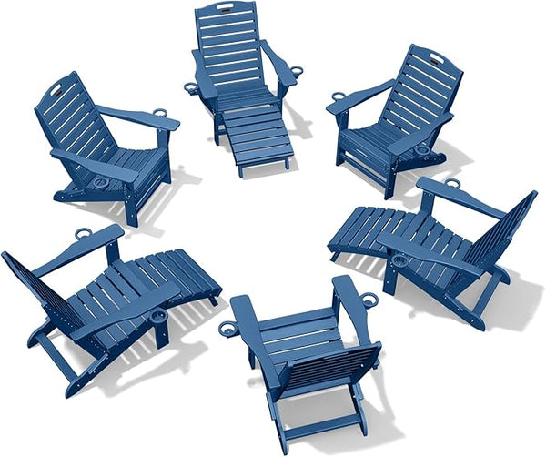 Ciokea Folding Adirondack Chair Set of 6 with Retractable Ottoman Fire Pit Patio Chair with Pull Out Foot Rest Weather - Photo 1