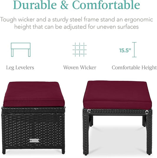 Best Choice Products Set of 2 Wicker Ottomans, Multipurpose Outdoor Furniture for Patio, Backyard, Additional Seating, Footrest, Side Table w/Removable Cushions, Steel Frame - Deep Burgundy/Black