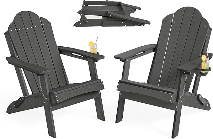 LUE BONA Folding Adirondack Chair, Chairs Set of 8, Cup Holder, Woodgrain, Fire Pit, Patio, Pool, Black