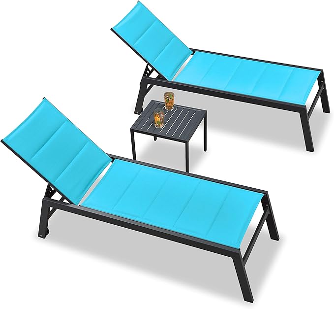 PURPLE LEAF Outdoor Lounge Chairs Aluminum Chaise Lounge Set of 2 Patio Chaise Lounge Chairs with Wheels and Side Table for Poolside Backyard Outside Turquoise Blue