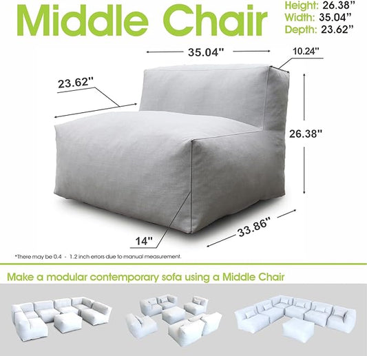 Patio Armless Chair, Outdoor Middle Bean Bag Chair, Daybed Sofa Comfy Couch, Modular Patio Sectional Sofa, Water-Resistant Olefin Fabric, High-Density Foam Filled, Comfy Lounge Seat, Light Gray