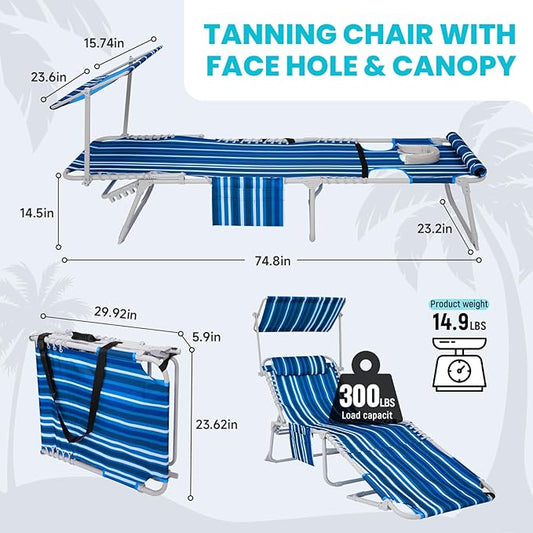 #WEJOY 3 in 1 Tanning Chair with Face Hole & Canopy, 300 lbs Heavy Duty 5 Positions Folding Face Down Lounge Chairs Outdoor with Pillow & Storage Bag Portable for Pool Beach Lawn Camping (Blue White)