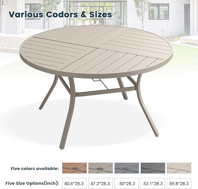 Patio Dining Table for 6-8, Round Metal Outdoor Table with Storage Shelf, 1.57" Umbrella Hole, 53" Outdoor Quartered Tabletop Dining Table for Backyard, Porch, Lawn, Sand