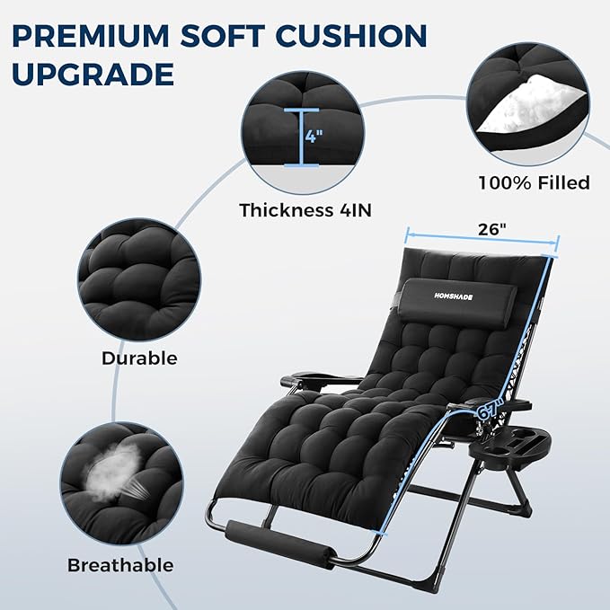 HOMSHADE XXL Zero Gravity Chair with Cushion, 33In Oversized Zero Gravity Lounge Chair, Patio Outdoor Recliner Chair for Indoor Outdoor with Headrest, Cup Holder, Footrest Support 500Lbs, Black