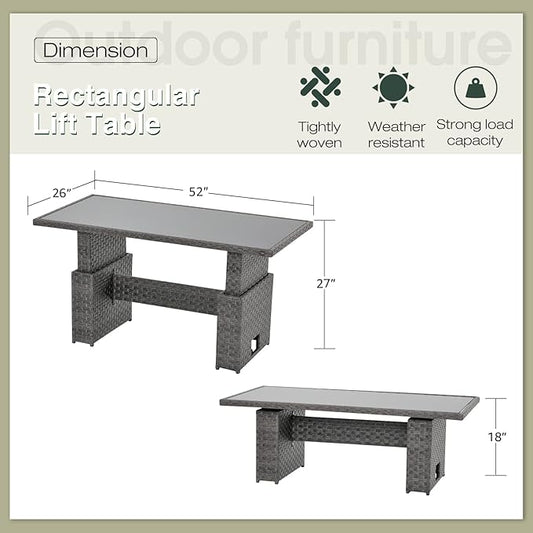 SUNSITT Outdoor Patio Lift Dining Table, Rectangle Patio Coffee Table with Glass Tabletop, Wicker Furniture Multi-Function Dining Table for Backyard, Deck, Garden, Grey