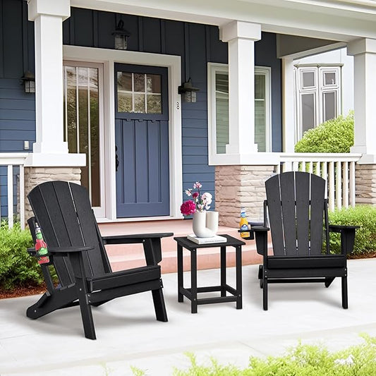 Skypatio 3 Pieces Folding Adirondack Chairs Set, Weather Resistant Adirondack Chairs Set of 2 with Cup Holder, 1 Side Table, 380 lbs Weight Capacity Portable Patio Fire Pit Chairs (Black)