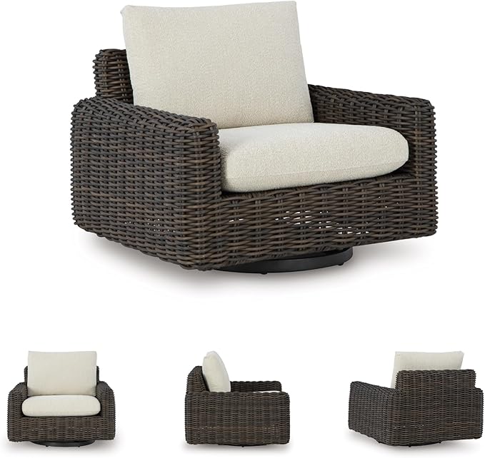 Signature Design by Ashley Kimora Casual Nuvella Weather Resistant Fabric, Resin Wicker Outdoor Swivel Glider Lounge Chair with Removable Cushions, Dark Brown & Beige