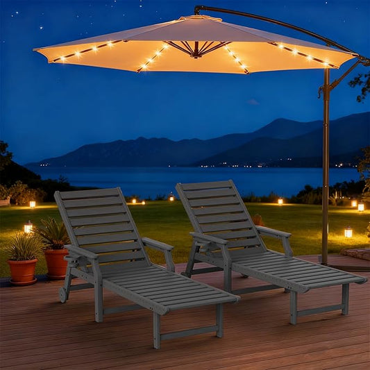 5-Position Adjustable Patio Chaise Lounge - 78'' HDPE Outdoor Lounger with Rolling Wheels & Cup Holder, Longer, Wider, Higher - Perfect for Poolside & Deck, Gray, 2pcs