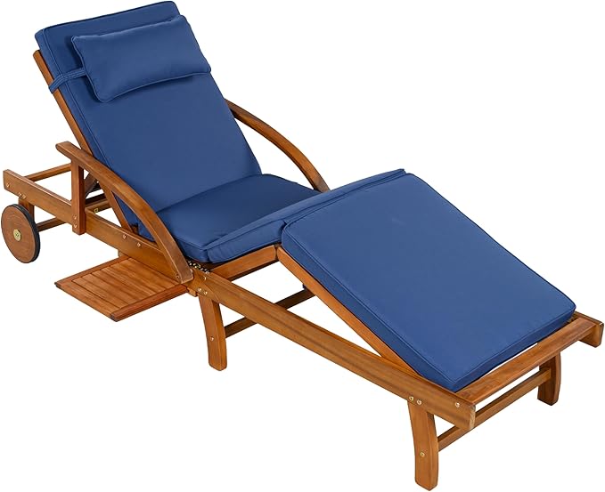 Acacia Wood Outdoor Patio Chaise Lounge, All Weather Reclining Lounge Chairs with Adjustable Backrest& Leg Rest, 2 Wheels, Headrest, Retractable Side Tray for Poolside Garden Beach (Navy-3.17)