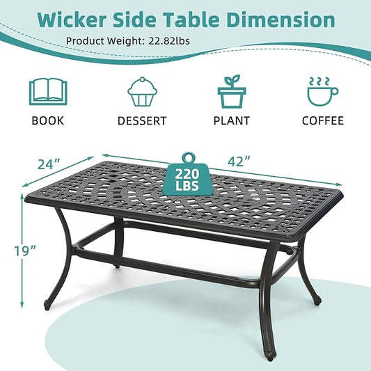 MEETWARM Outdoor Coffee Table, All-Weather Cast Aluminum 42" Rectangle Patio Coffee Table, 220 LBS Heavy Duty Patio Side Table for Balcony Poolside Deck Garden & Indoor Use, Dark Bronze