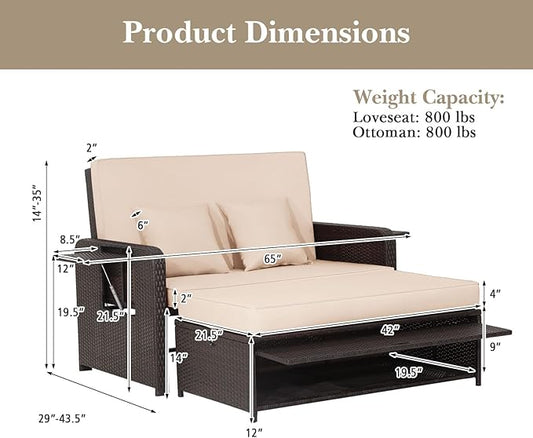Nightcore Wicker Patio Outdoor Daybed, Outdoor Chaise Lounger w/ 4-Level Adjustable Backrest, Retractable Side Trays, Storage Ottoman, Comfortable & Removable Cushions, Rattan Loveseat (Beige)