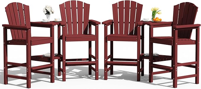 KINGYES Tall Adirondack Chair Set of 4, HDPE Tall Adirondack Barstools with Double Connecting Trays, Embossed Bar Height Adirondack Chair for 2, All Weather Resistant Balcony Adirondack Chairs, Red