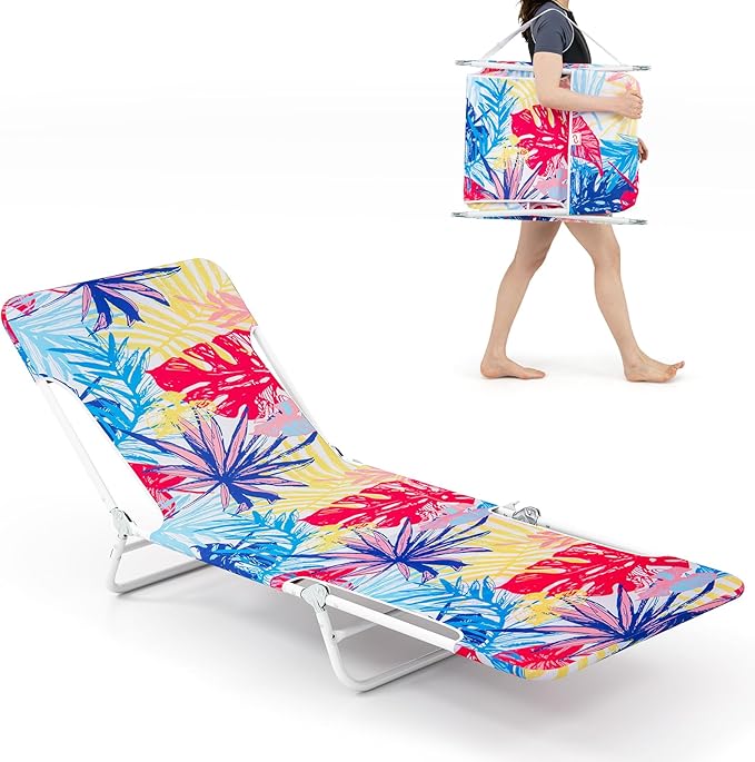 GYMAX Tanning Chair, 2Pcs Folding Beach Chairs with Adjustable Backrest, Footrest, 330lbs Capacity & Shoulder Strap, Portable Layout Sunbathing Loungers for Outside, Patio, Poolside (Colorful Leaves)