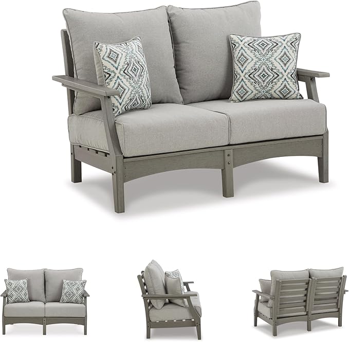 Signature Design by Ashley Outdoor Visola Patio HDPE Loveseat with Nuvella Throw Pillows, Gray