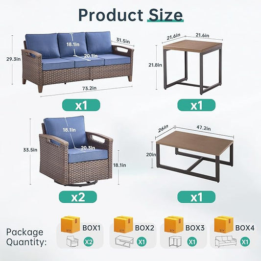 Luxury 5 Piece Heavy Duty Patio Furniture Set with Swivel Chairs - All Weather Wicker Comfort Thick Cushion Outdoor Conversation Set with Sofa & Coffee Table for Porch Poolside Deck - Blue