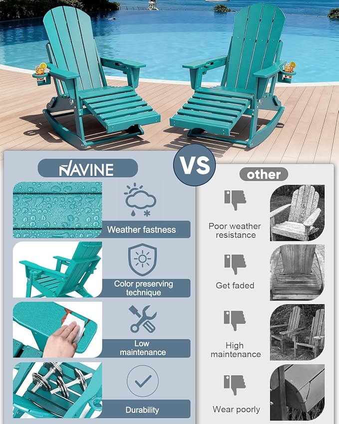 Adirondack Rocking Chairs Set of 2 with Retractable Ottoman, All Weather Folding Adirondack Chair with Two Cup Holders, Adirondack Outdoor Rocking Chairs for Porch, Patio, Balcony. Lake Blue