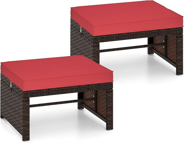 RELAX4LIFE Wicker Outdoor Ottoman Set of 2 - Rattan Footstools Foot Rest w/Removable Cushions - Photo 1