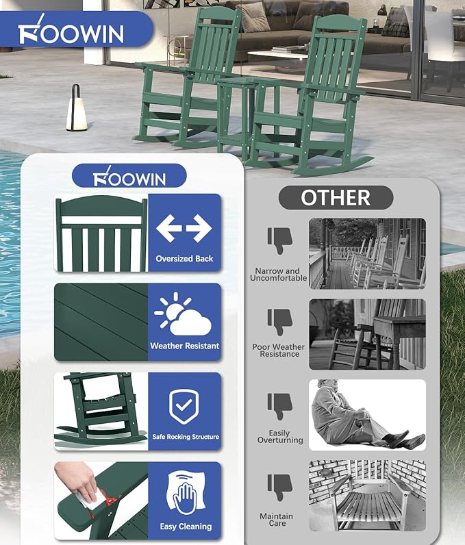 FOOWIN Outdoor Rocking Chair Set of 8, High Back Patio Rocking Chair, HDPE All Weather Resistant Porch Rocker for Adult, Oversized Rocking Chairs for Garden, Lawn, Indoor & Outdoor Use, Dark Green
