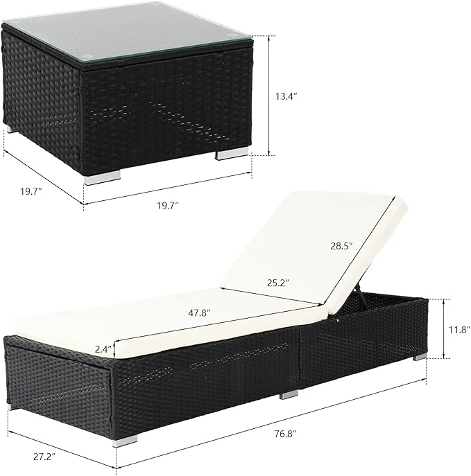 VINGLI Outdoor Chaise Lounge Chair Set with Side Table, Pool Lounge Chair with Adjustable Backrest,Waterproof Black Rattan Recliners Outside Patio Lounger Furniture