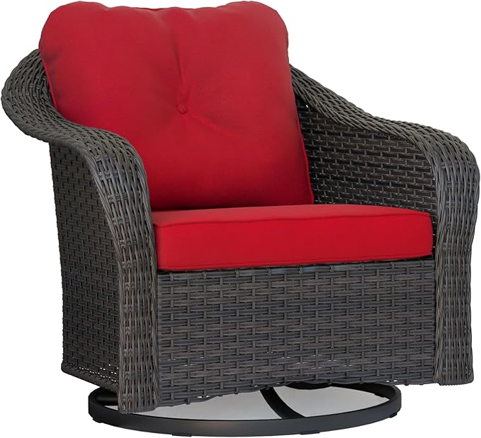 Outdoor Brown Wicker Swivel Rocking Chair - Red, 1PC, Alloy Steel Frame, 300 lbs Weight Capacity, Includes Water-Resistant Cushions