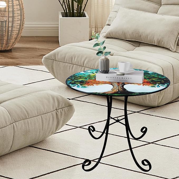 18" Side Table Outdoor, Tree Pattern Metal Accent Table, Indoor Small Round End Tables, Plant Stand Tables for Patio Yard Balcony Garden Bedside