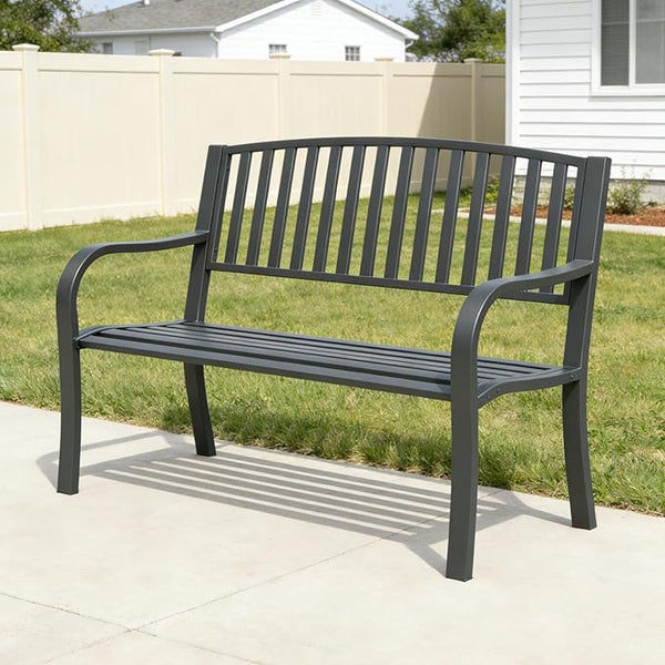 Metal Bench Patio Bench, Outdoor Benches Weatherproof with Slat Backrest, Wrought Iron Garden Benches for Outdoors, Patio, Garden, Park
