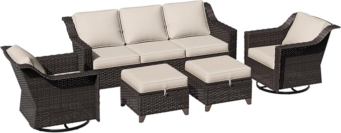 5 Pieces Patio Conversation Furniture Set - 1 Sofa, 2 Swivel Chairs, 2 Ottomans, Outdoor Wicker Furniture with Removable Cushions for Porch, Balcony, Sunroom (Beige)