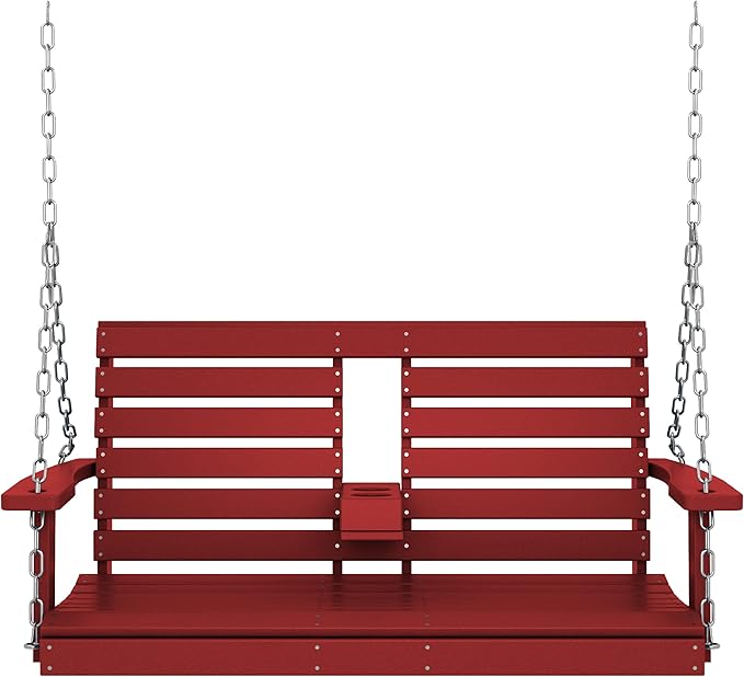 KINGYES Outdoor Hanging Patio Swing Chair, 2 Seat with Cup Holders, Waterproof Bench for Courtyard & Garden, 660LBS Weight Capacity, Red