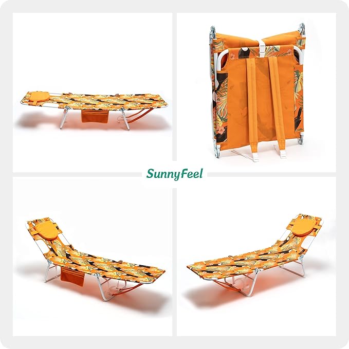daystar SunnyFeel Beach Lounge Chair, Backpack Reclining Beach Chairs Lay Flat, Face Down Tanning Chair, Folding Camping Chairs Portable Camp Cot with Backpack Straps for Outdoor/Picnic/Lawn