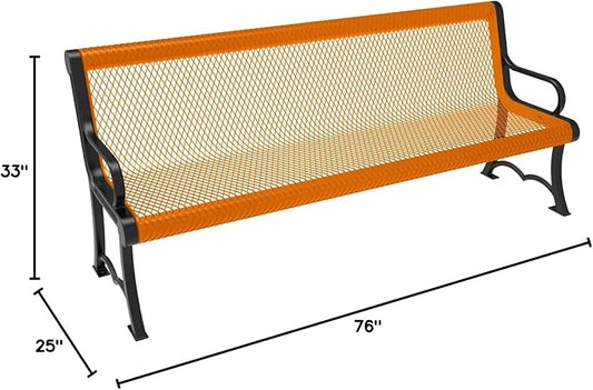 COATEDOUTDOORFURNITURE Heavy-Duty Outdoor Bench Thermoplastic Coated, Expanded Metal, Commercial-Grade Garden Bench, Made in America (Portable with Back, 6 Ft, Textured Orange)