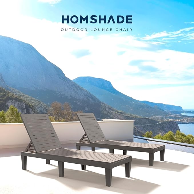 HOMSHADE Chaise Lounge Chair Outdoor - 5 Positions Adjustable Backrest, Waterproof, Easy Assembly, with 330lbs Weight Capacity for Pool, Resin (Grey)
