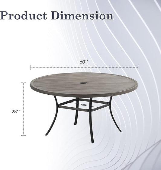 Outdoor Dining Table for 8, 60" Round Outdoor Table with Adjustable Umbrella Hole, All-Weather Metal Patio Dining Table for Lawn Garden Backyard Deck, Grey